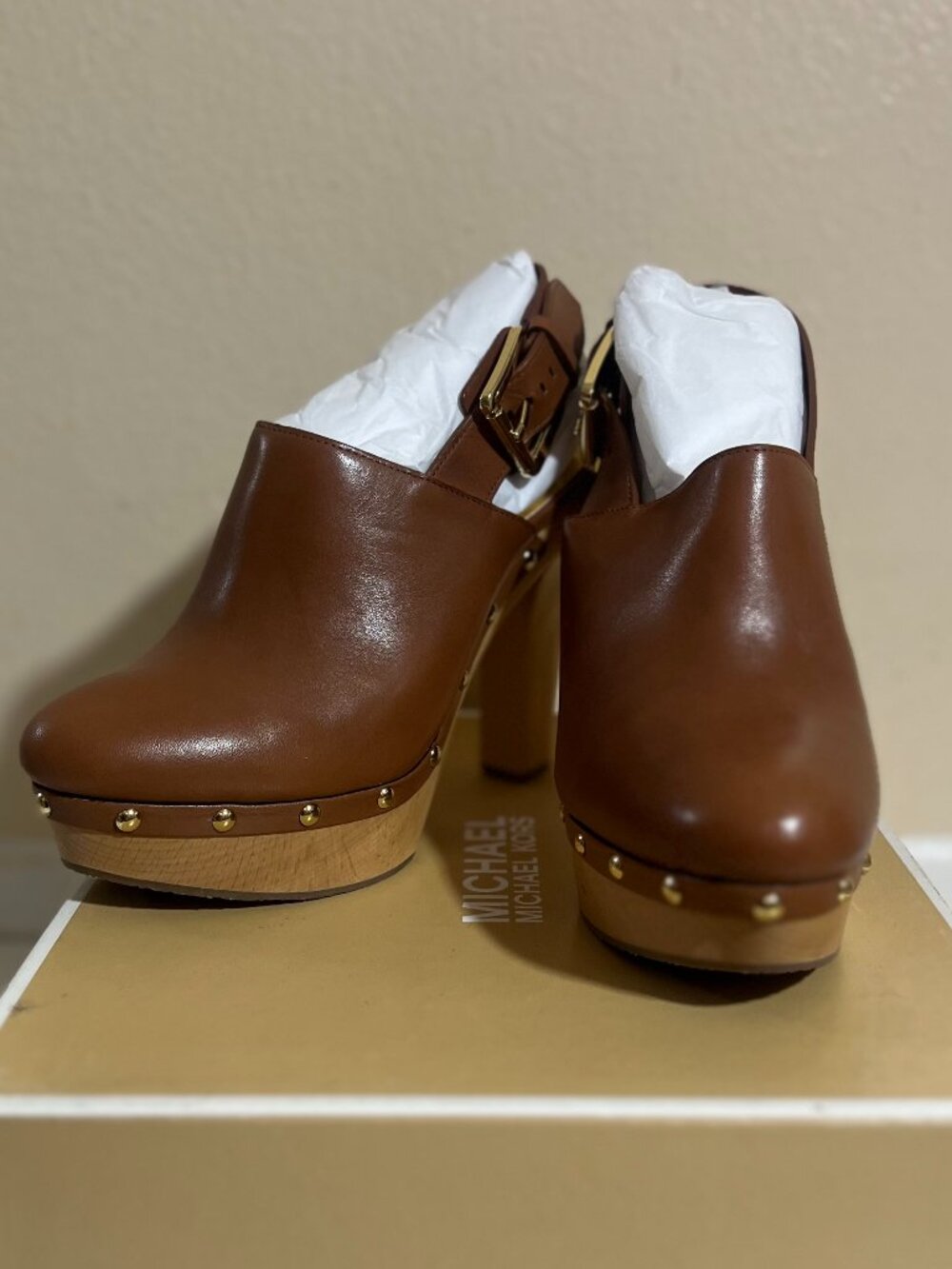 Michael Kors Beatrice Leather Platform Clogs Studded Brown Size 7.5M